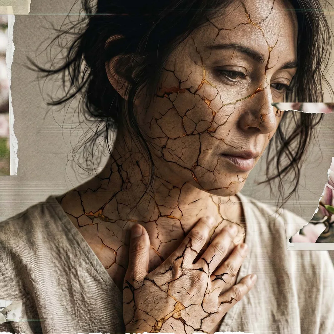 Retrato de una mujer con el rostro agrietado entre flores de cerezo